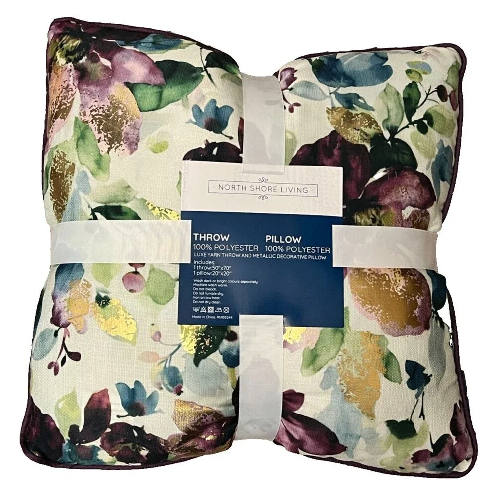 NWT NORTH SHORE LIVING 2pc Throw Blanket & Pillow Set Purple Gold Floral Spring